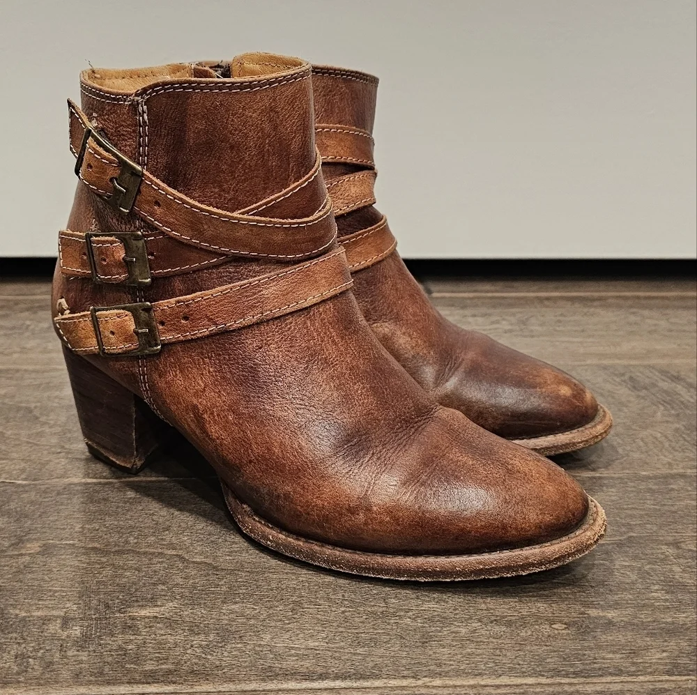 Bed Stu Begin Women's Cognac Dip Dye Leather Buckle Cobbler Ankle Boots Sz 7 - Picture 2 of 11